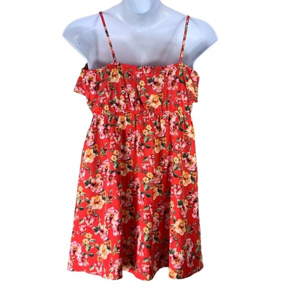 Mary Rose Size Large Dress Red Pink Floral Print Sleeveless Ruffle Neckline - Picture 2 of 4